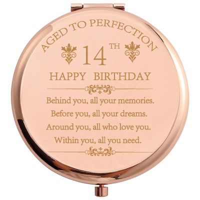 2009 14th Birthday Gifts for Girl Daughter Classmate Friend Stainless Steel Rose Gold Compact Pocket Travel Makeup Mirror 14 Years Old Inspiration Gift Behind You All Your Mermories with Gift Box