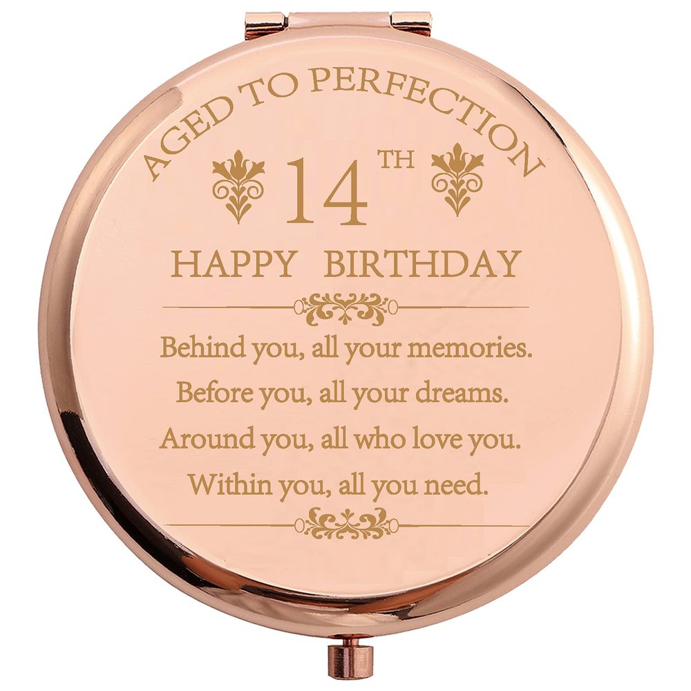 2009 14th Birthday Gifts for Girl Daughter Classmate Friend Stainless Steel Rose Gold Compact Pocket Travel Makeup Mirror 14 Years Old Inspiration Gift Behind You All Your Mermories with Gift Box