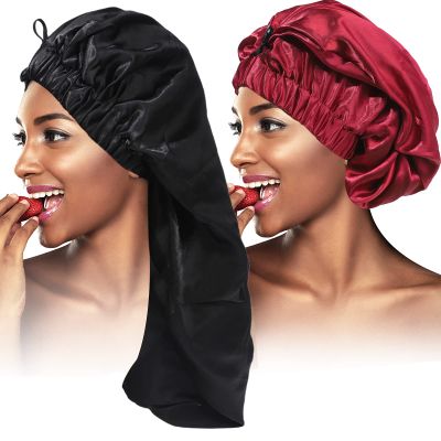 2PCS Satin Hair Braid Bonnet, Foldable Extra Long Bonnet for Braids with Button, Single Layer Sleep Cap, Soft Hair Sleeping Bonnet Cap for Black Women