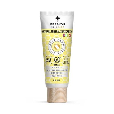 Bee and You Kids 100% Natural SPF 50 Mineral Sunscreen for Kids, Face and Body, Water Resistant, Sun Protection with Zinc Oxide & Bee Propolis, Hypoallergenic, 2.7 oz (80 mL)
