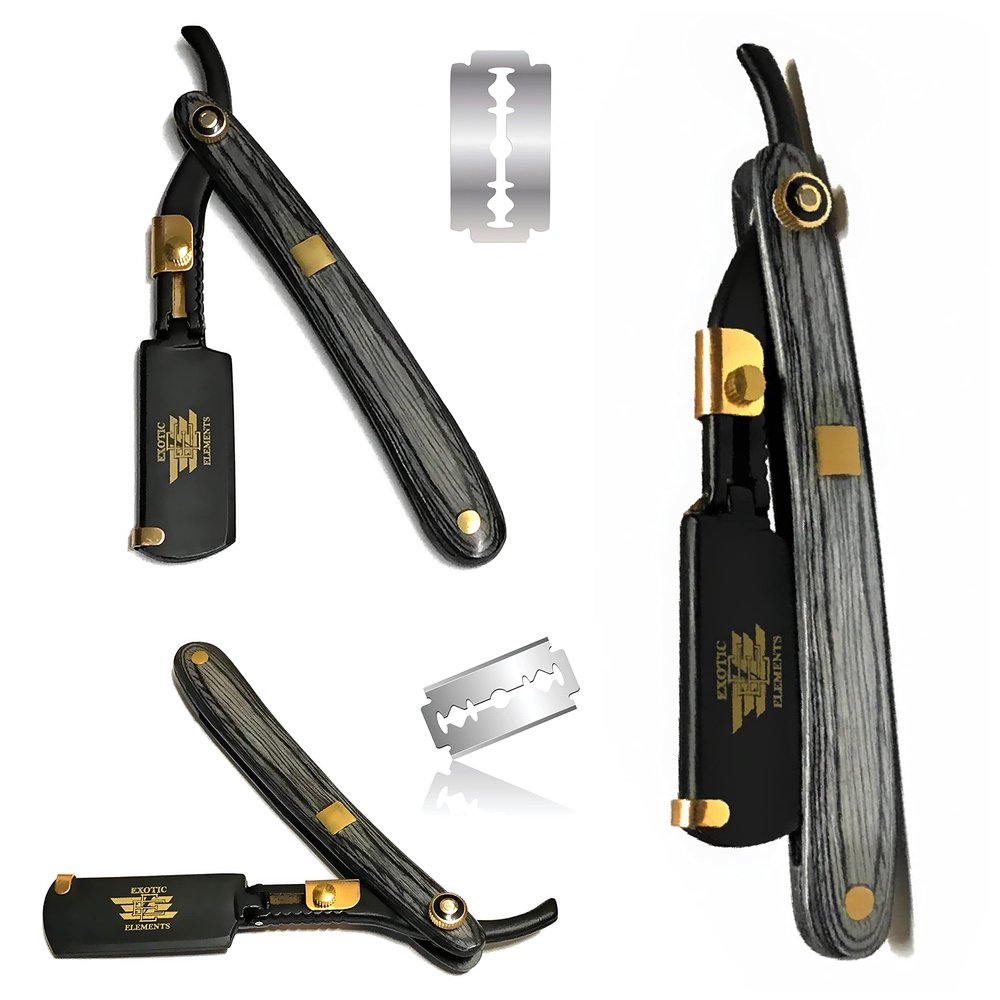 Full Blade Holder Barbershop Straight Edge Razor for Grooming and All-Purpose Hair Shaving in Black and Gold Durable Long-Lasting Stainless-Steel Shaving Blade Folding Classic Style Razor