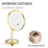 Standing LED Makeup Mirror with Light and 3X/5X/7X/10X Magnification, 8 Inch Brass Countertop Shaving Vanity Cosmetic Mirrors with Switch and Plug,Gold,10X view 2