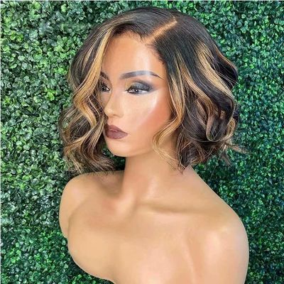1B/27 Ombre Short Bob Wavy Human Hair Lace Front Wigs HD Invisible 13X6 Lace Frontal Human Hair Wigs Pre Plucked Bleached Knots Baby Hair Glueless Short Body Wave Wigs For Black Woman 12 Inch