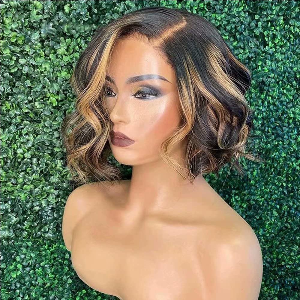 1B/27 Ombre Short Bob Wavy Human Hair Lace Front Wigs HD Invisible 13X6 Lace Frontal Human Hair Wigs Pre Plucked Bleached Knots Baby Hair Glueless Short Body Wave Wigs For Black Woman 12 Inch