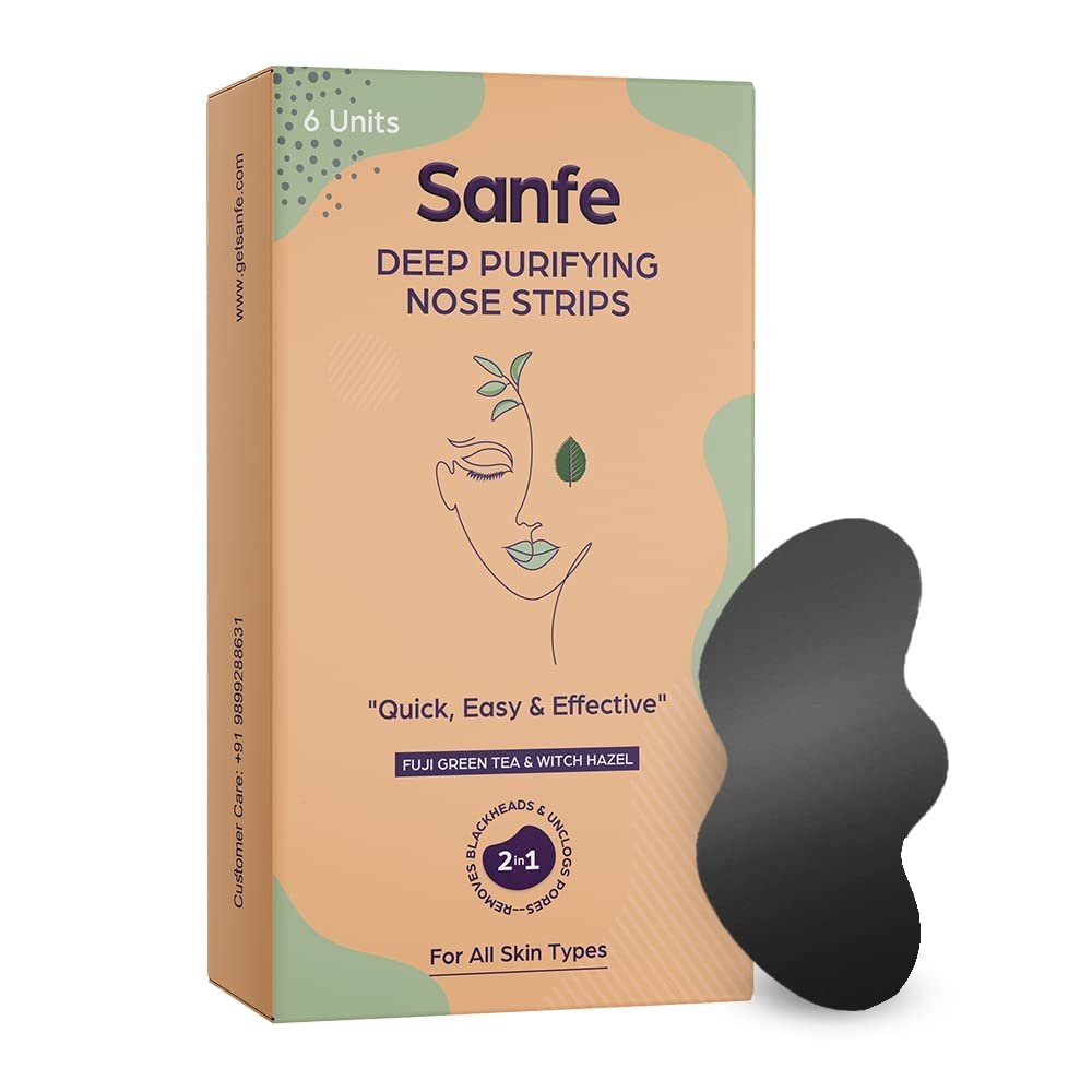 Sanfe Deep Purifying Nose Strips for Women - Pack of 6 with Fuji Green Tea & Witch Hazel Extracts | Removes Whiteheads | Blackheads and Cleanses Pores | Use on Nose