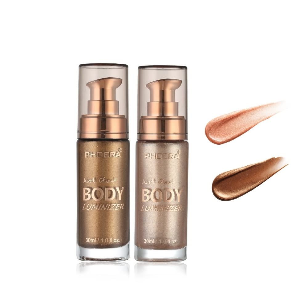 2 Pack PHOERA Body Luminizer, High Gloss Waterproof Body Luminizer Glitter Face Shimmer Moisturizer Lotion Tan Cream Foundation Makeup Bronzer(101 Rose Gold+103 Glistering Bronze)