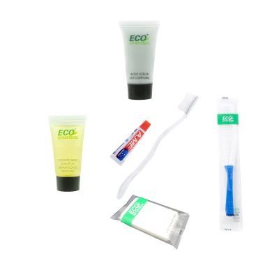 ECO amenities 6-Piece Travel Toiletry Kit - Travel Shampoo & Conditioner in Bulk - Floral Scent Soap & Body Lotion - Dental Kit & Hair Comb - 6-Piece Set