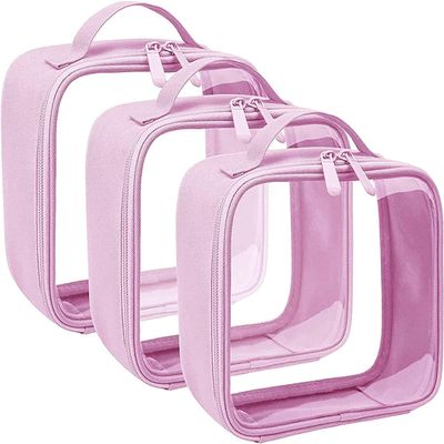 ANRUI TSA Approved Toiletry Bag With Handle Strap, Clear Travel Liquids Toiletries & Cosmetics Organizer Carry-On Luggage for Women and Men - Pink 3 Pack (Same Size)