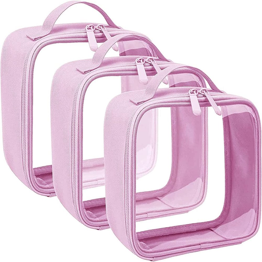ANRUI TSA Approved Toiletry Bag With Handle Strap, Clear Travel Liquids Toiletries & Cosmetics Organizer Carry-On Luggage for Women and Men - Pink 3 Pack (Same Size)
