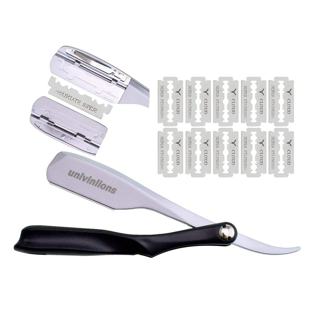10 Blades+Straight Edge Razor Manual Shaver Beard Removal Single Edge Blades Barber Shaver Face Underarm Body Eyebrow Hair Removal Throat Shavette