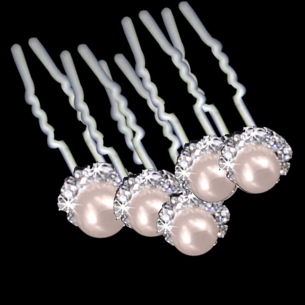 Trimming Shop Stainless Steel Hair Pins with Pink Pearl, Crystals and Silver Plated, Flower Design for Wedding Bridal, Proms, Women Fashion Accessory, 20pcs