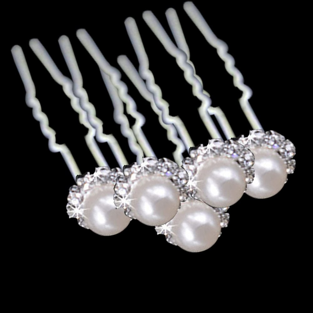 Trimming Shop Stainless Steel Hair Pins With White Pearl, Crystals and Silver Plated, Flower Design For Wedding Bridal, Proms, Women Fashion Accessory, 20pcs