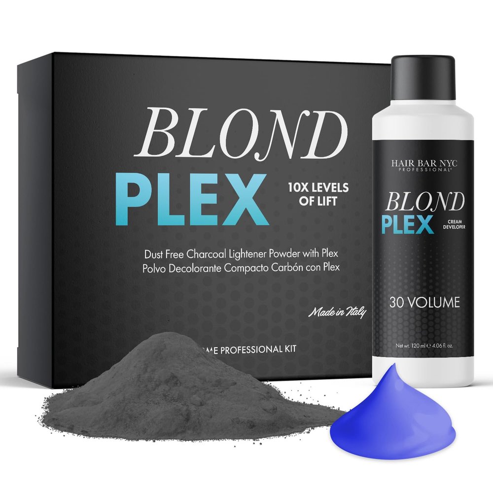 Hair Bar NYC Blond Plex 10X Lightener + 30 Volume Violet Developer Kit  Dust-Free Charcoal Bleach Powder (50g / 1.76 oz) + Anti-Brass Developer (120 ml / 4.06 fl oz)  Bond-Building Formula