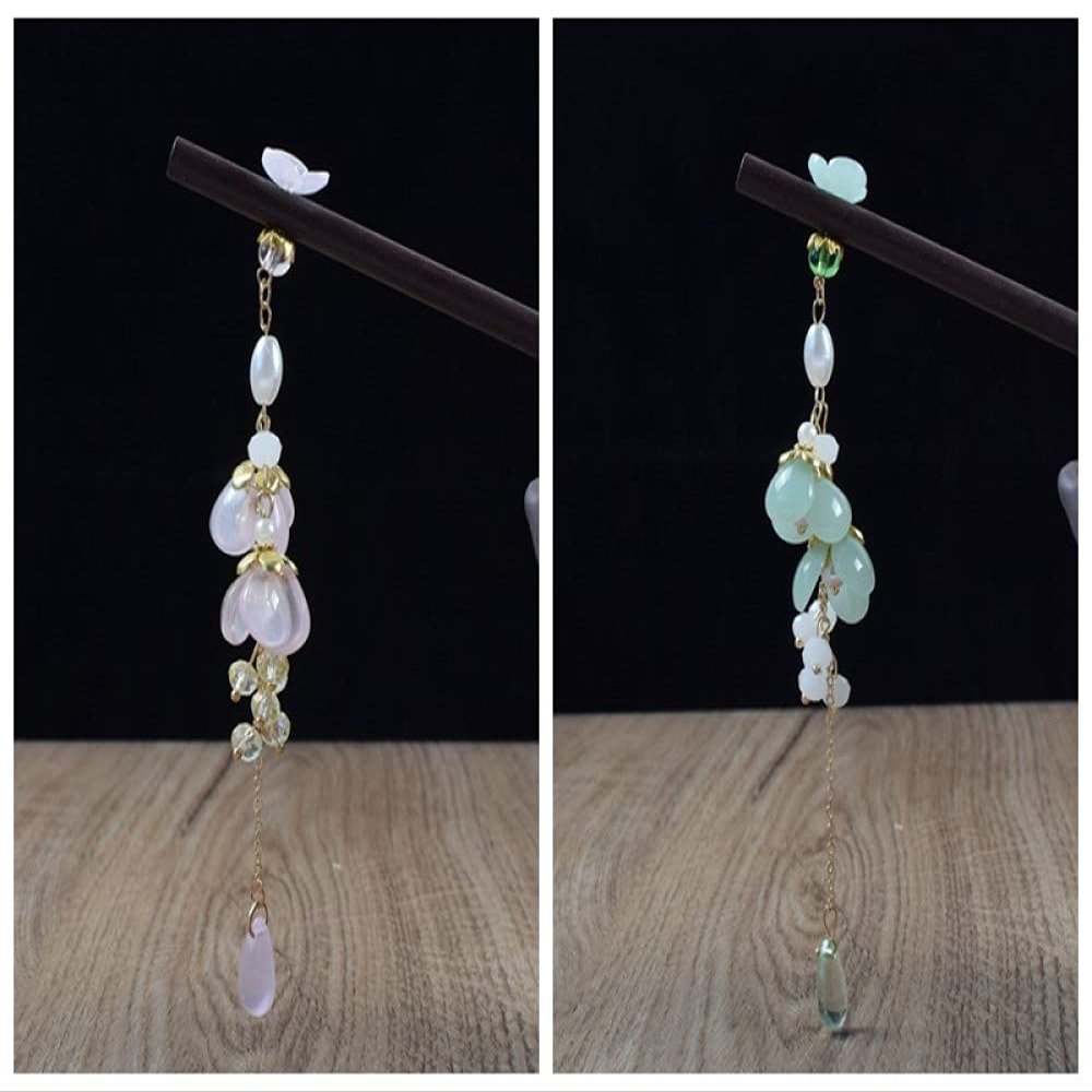 Hair Sticks Wooden 2Pcs Set,Chinese Hair Stick Retro Hair Chopsticks Glazed Plum Blossom Pearl Tassel Wood Hair Sticks Handmade Ancient Hairpin Stick Hair Accessories for Women Mom Sister,Pink Gree