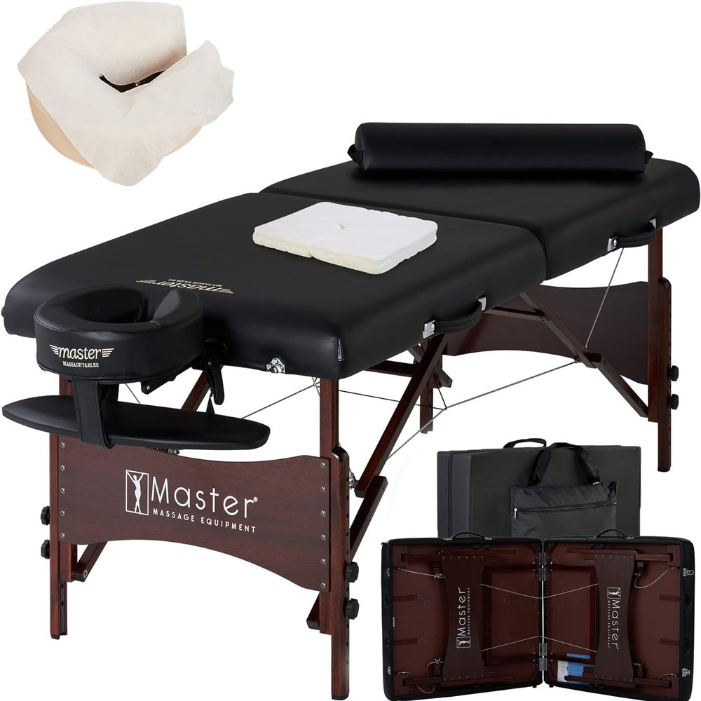 Master Massage Roma II Portable Massage Table Bed Package with 2.5" Cushion, Half Round Bolster, Disposable Face Cover, Black, 30" Salon Beauty Tattoo Lash Facial Bed