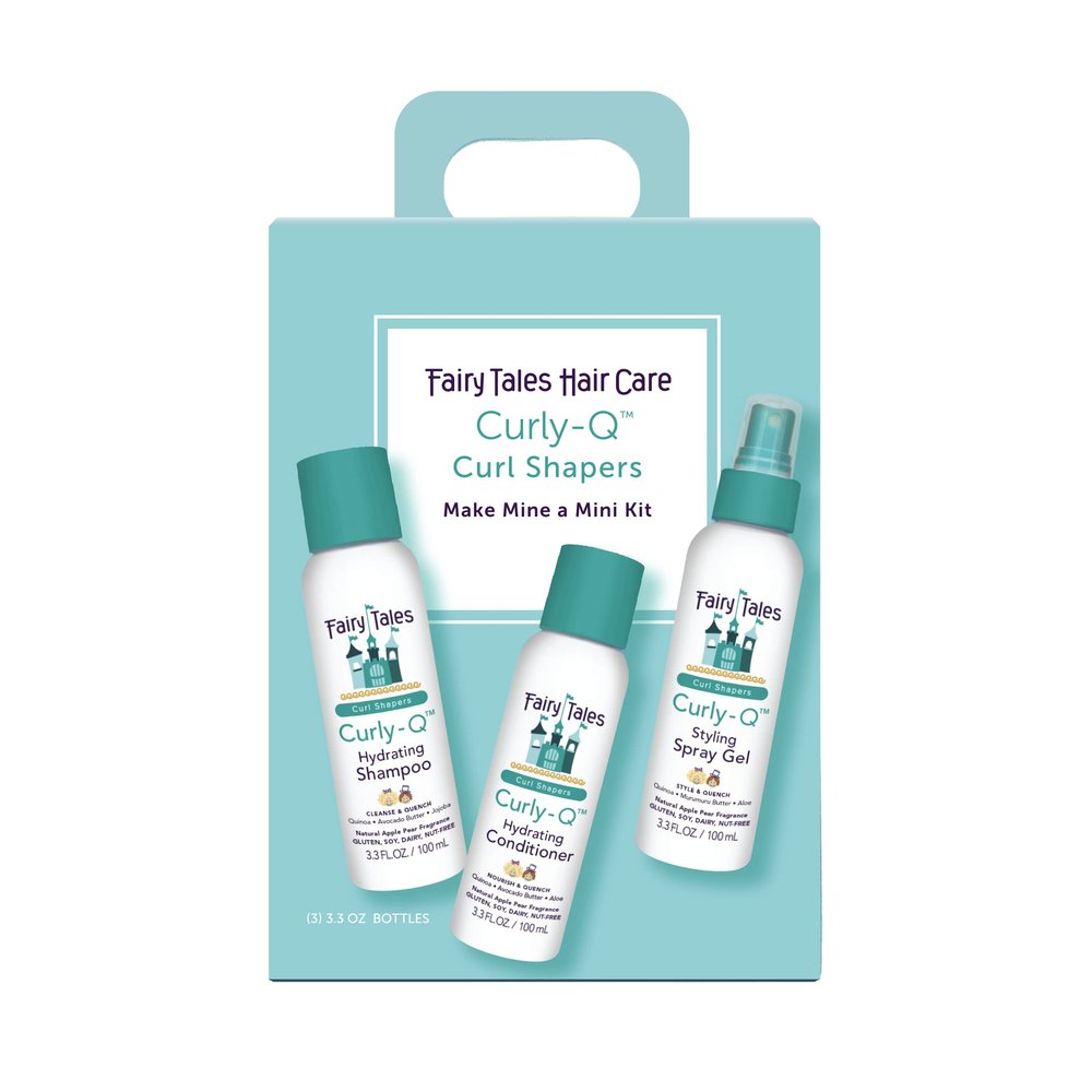 Fairy Tales Curly Q Hydrating Kids Shampoo, Conditioner, and Styling Spray Gel -Travel Kit- Paraben, Sulfate, Gluten, and Nut Free - For All Curl Types Including Multi Cultural Hair 3.3oz (3 Pack)