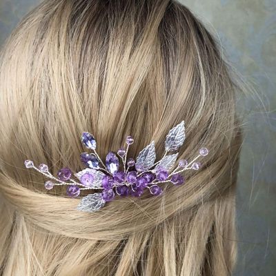 JWICOS Beaded Crystal Hair Comb for Brides and Bridesmaids (Silver Purple)