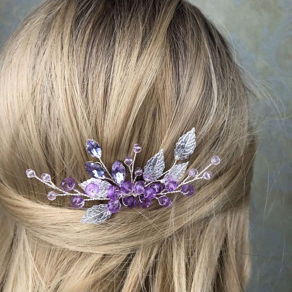 JWICOS Beaded Crystal Hair Comb for Brides and Bridesmaids (Silver Purple)