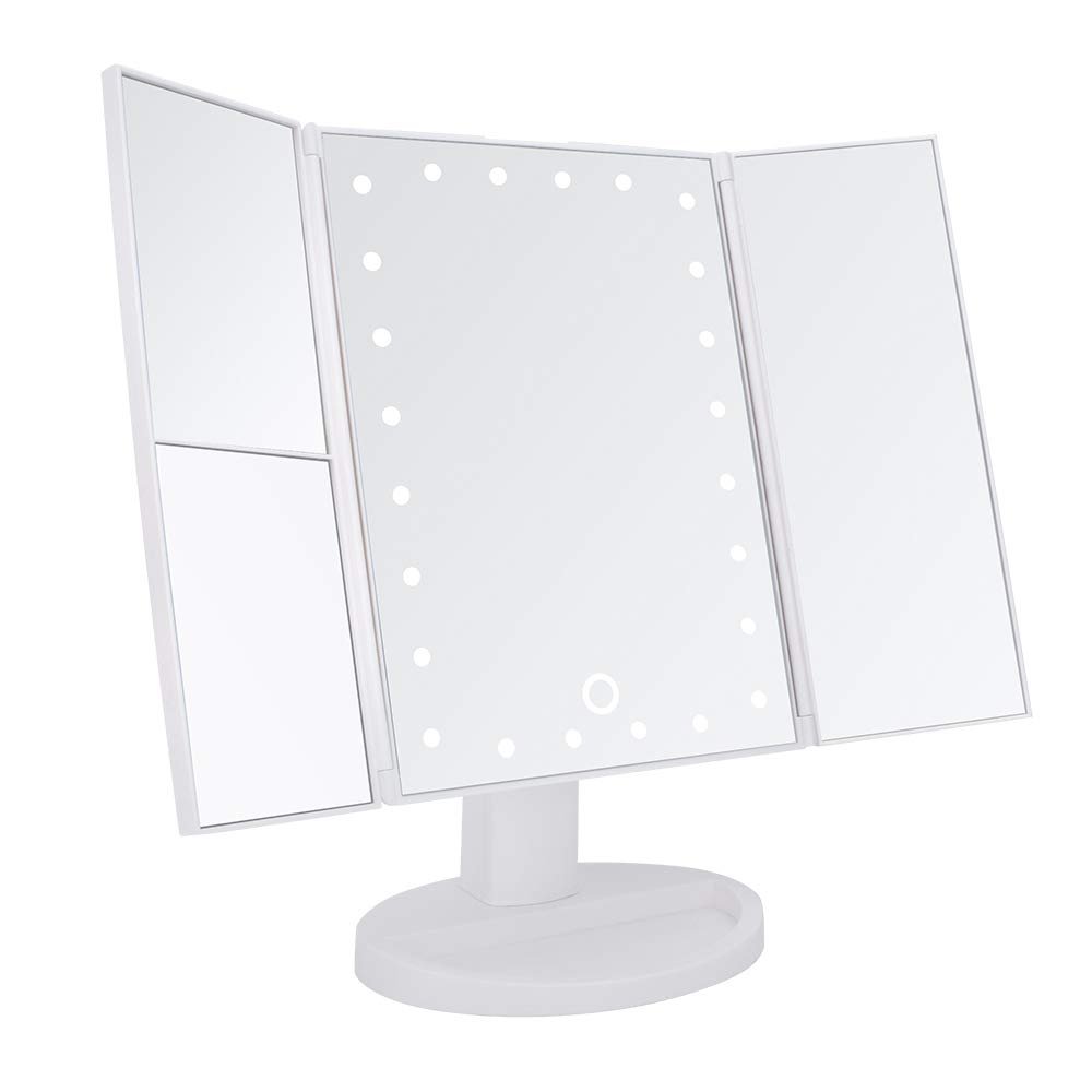 24LED Magnifier Makeup Mirror. 2 Sides 1X Magnification Mirror 1 Side 2X Magnification Mirror 1 Side 3X Magnification Mirror 180 Degree Universal Shaft Touch Switch White USB Plug-in