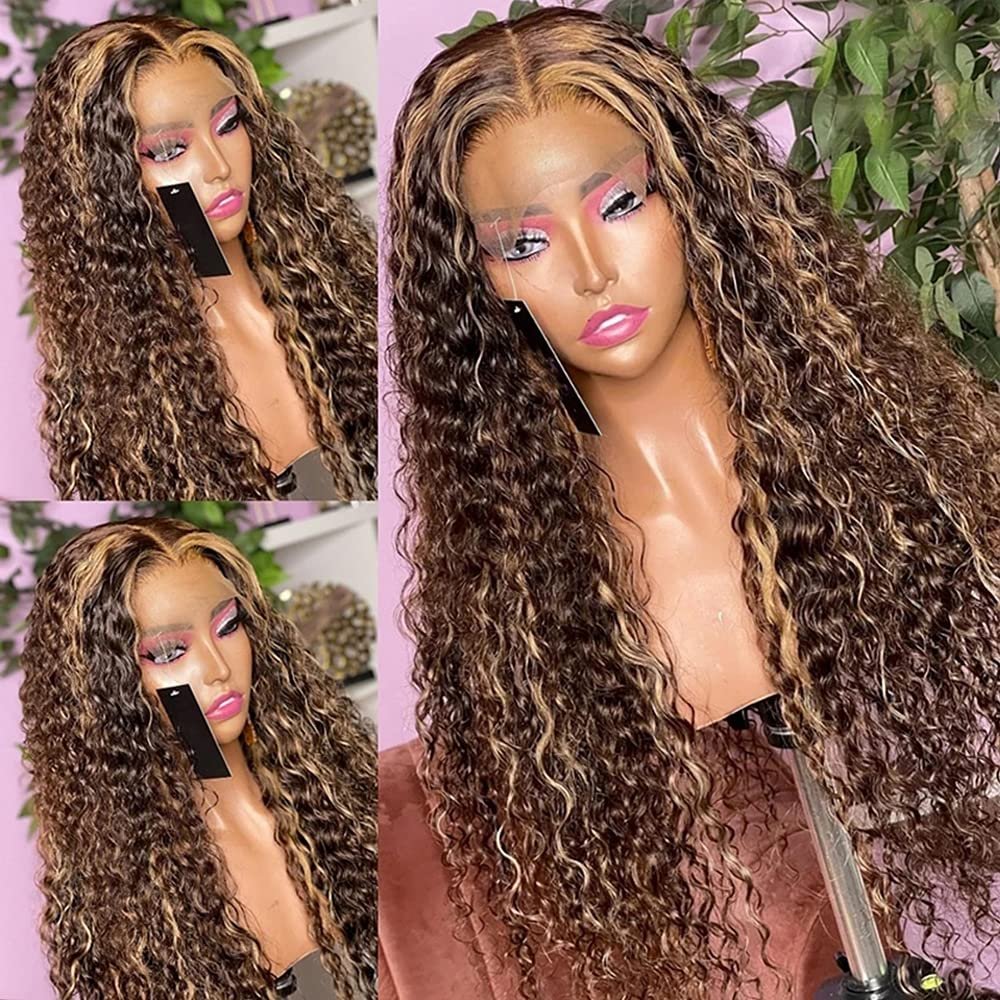 13x4 HD Transparent Lace Front Water Wave Human Hair Wig With Baby Hair Highlight #27/30 Color Deep Wave 150% Density Pre-Plucked Natural Hairline Natural Looking For Black Women 22 Inch