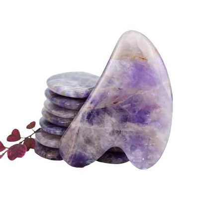 Authentic Gua Sha Jade Stones Asian Owned, GuaSha Facial Tool, Face Body Massage SPA Acupuncture Therapy Trigger Point Treatment (Amethyst)