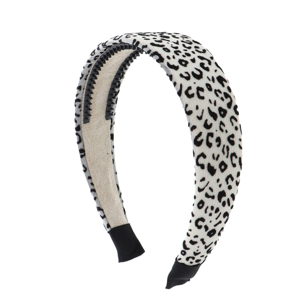 1.5 Inch Padded Headband with Velour Leopard Print - Cream