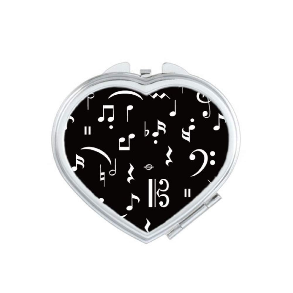 White Music Bar And Notes Black Mirror Heart Portable Hand Pocket Makeup