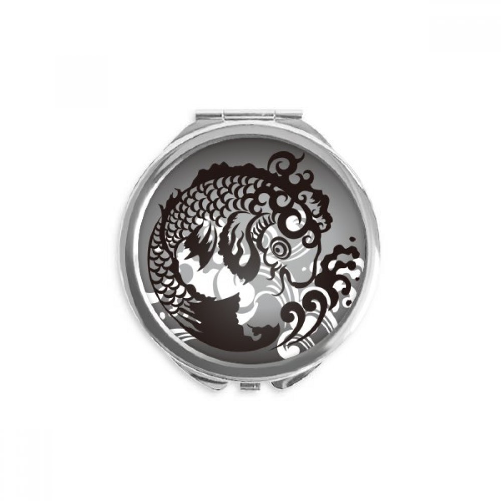 Line Drawing Fish Wave Pattern Hand Compact Mirror Round Portable Pocket Glass