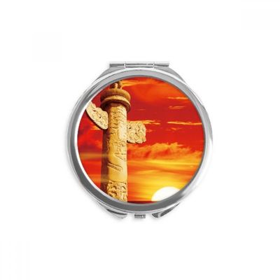 Red Sun Sky Ornamental Column China Hand Compact Mirror Round Portable Pocket Glass