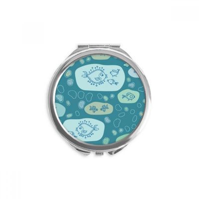 Blue Bubbles Line Drawing Fishes Hand Compact Mirror Round Portable Pocket Glass