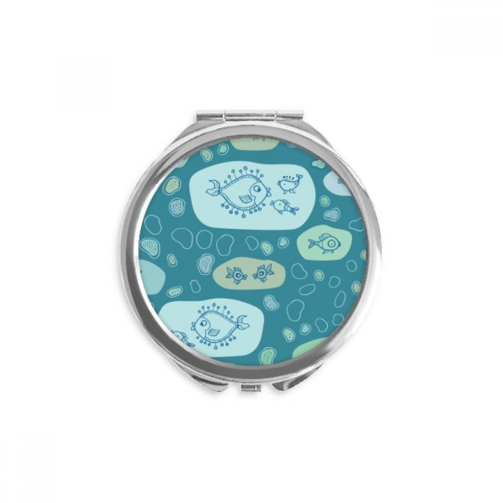 Blue Bubbles Line Drawing Fishes Hand Compact Mirror Round Portable Pocket Glass