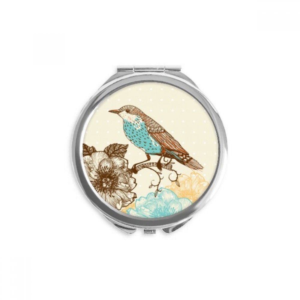 Freehand Sketch Flower Bird Blue Black Hand Compact Mirror Round Portable Pocket Glass