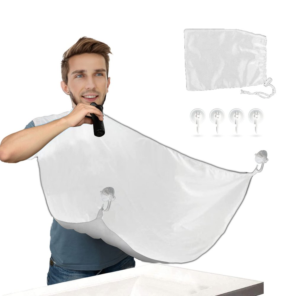 Beard Bib, Beard Apron for Men Shaving and Trimming,Beard Catcher for Shaving, Non-Stick and Waterproof Beard Shaving Cloth with 4pcs Suction Cups and Travel Pouch, Good Gift for Dad/Men(White)