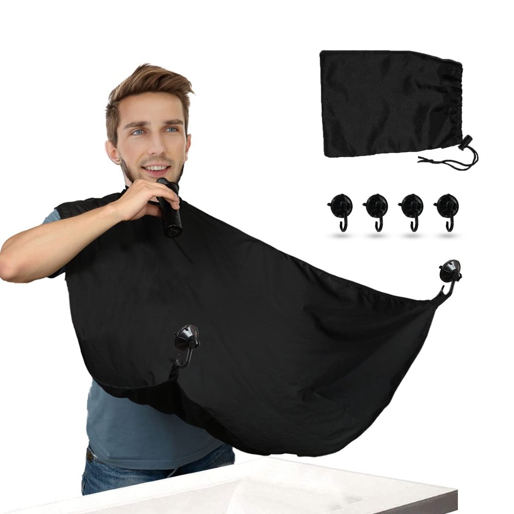Beard Bib, Beard Apron for Men Shaving and Trimming,Beard Catcher for Shaving, Non-Stick and Waterproof Beard Shaving Cloth with 4pcs Suction Cups and Travel Pouch, Good Gift for Dad/Men(Black)