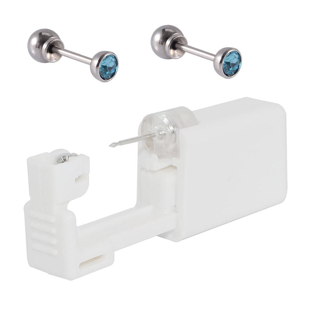 CHUANCI Pair Disposable Sterile Ear Piercing Unit Ear Cartilage Tragus Helix Piercing Gun NO Pain Piercer Tool Machine Choose Design (Pair 4mm Auqa Zircon)