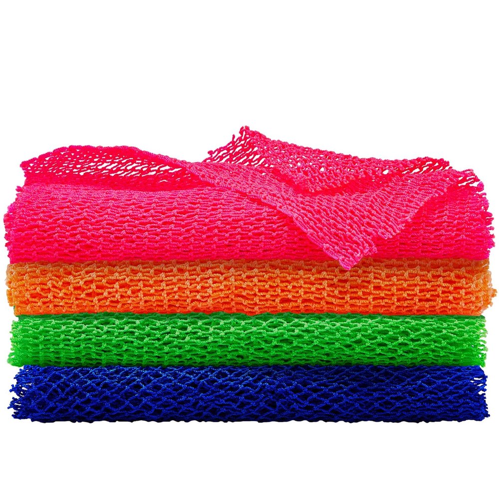 4 Pieces African Net Bath Sponge African Exfoliating Long Net Sponge Exfoliating Shower Body Scrubber Skin Smoother for Daily Use(Green, Orange, Pink, Blue, 25.6 x 11.8 inch)