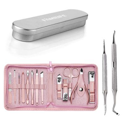 FAMILIFE 13pcs Manicure Set With Rose Gold Professional Grooming Kit Pink Leather Travel Nail Case and 100% Stainless Steel Ingrown Toenail File and Lifter Double Sided with Storage Portable Case