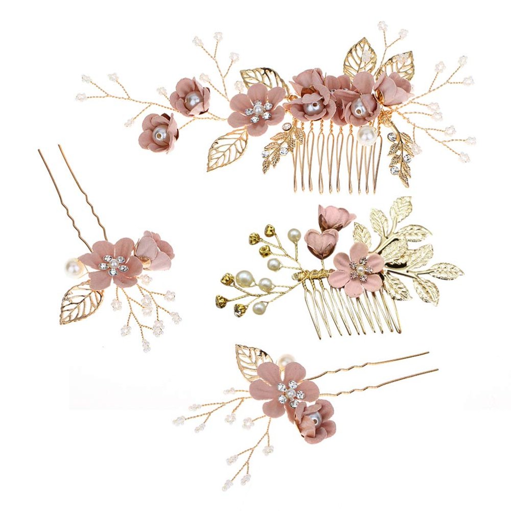 4pcs Wedding Handmade Fashion Hair Comb Set Floral Bridal Headpiece Hair Accessories Rhinestone Bridal Comb Pin Bride Wedding Clip Dress Accessories (Pink)