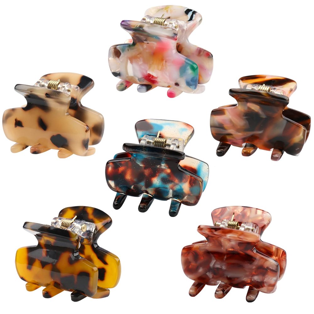 6 PCS Small Hair Claw Clips 1.4 Inch Tortoise Claw Clip for Women Girls Mini Size Leopard Print Acrylic French Design Jaw Clips Non-Slip Strong Hold Hair Grip Catch Barrette (Set 02)