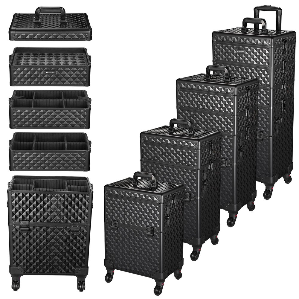 BYOOTIQUE 4in1 Rolling Makeup Case Aluminum Cosmetic Train Case Organizer with Mirror Extra Large Storage Trolley 360-degree Swivel Wheels