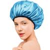 Aquior Shower Cap,Extra Large Triple Layer Bathing Cap with Dry Hair Function for Women Microfiber Terry Cloth Silky Satin 100% Waterproof Reusable Long Hair Bath Caps (Blue) view 4
