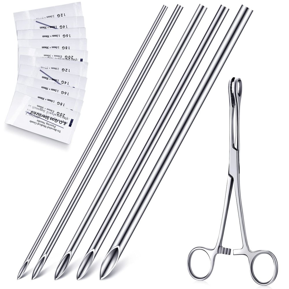 Chumia Piercing Kit 100 Pcs Piercing Needle with 1 Pcs Clamps Stainless Forceps Clamp Hollow Needle Mixed Sizes 12g 14g 16g 18g 20g for Ear Nipple Belly Tongue Body Tools