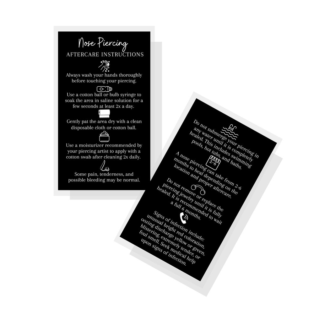 Boutique Marketing LLC Nose Piercing Aftercare Instructions Card | 50 Pack | Size 2x3.5 inch Business Card | Black with White Design