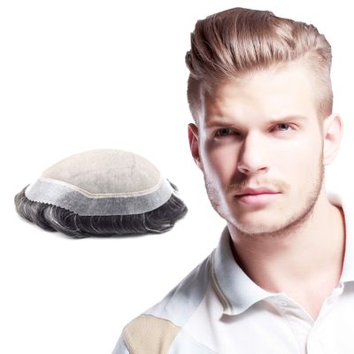 Superhairpieces Men's Toupee Hairpiece NM100B 120% Med Density 7"x9" Durable Mono Silk Top Base, 100% Natural Indian Remy Hair, 1.25" Clear Poly, A Shape Scallop Front Mens Toupee (Brown Ash Black)
