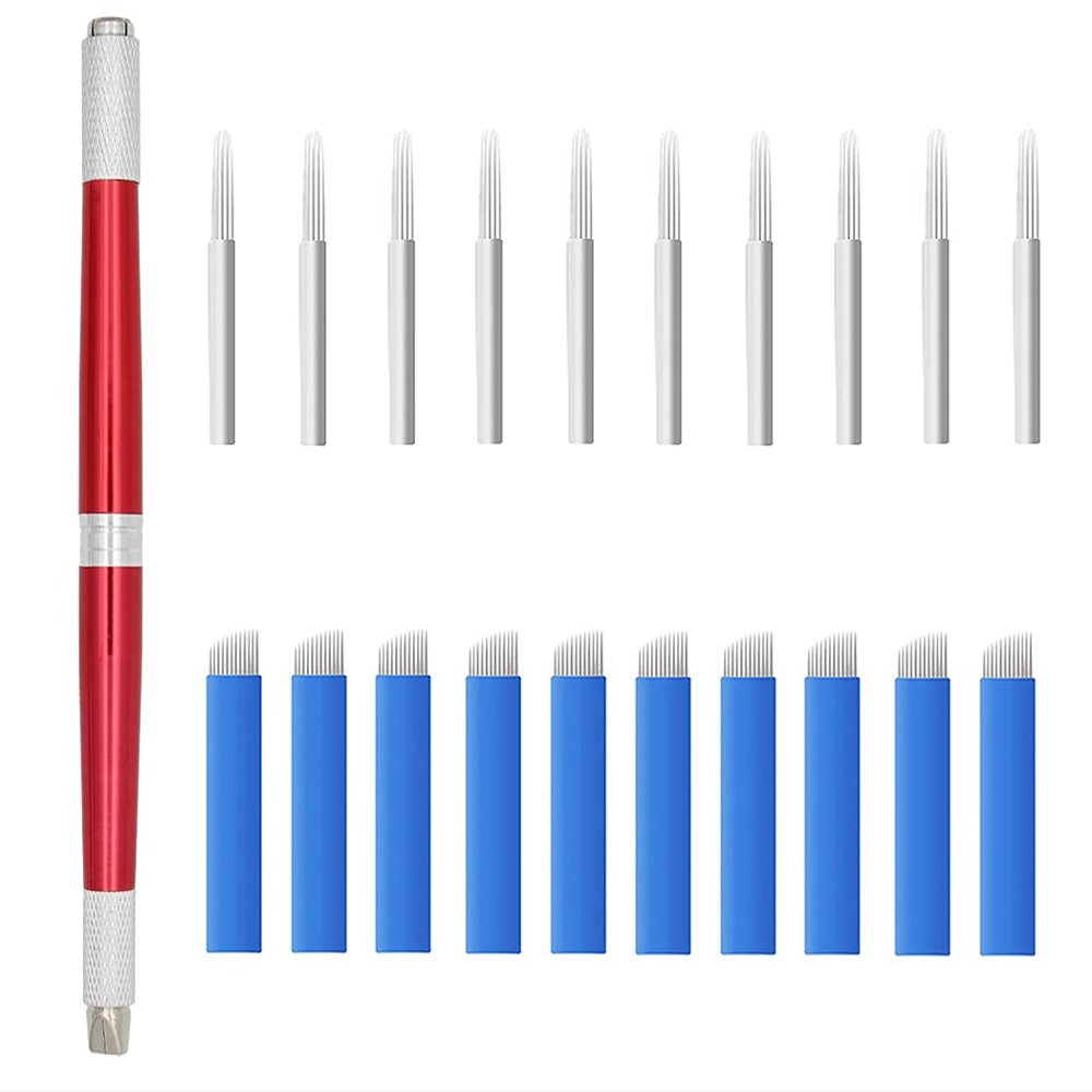 XIAOYU 3 in 1 Microblading Pen with Needles Permanent Makeup Pen for Manual Eyebrow Tattoo, Red