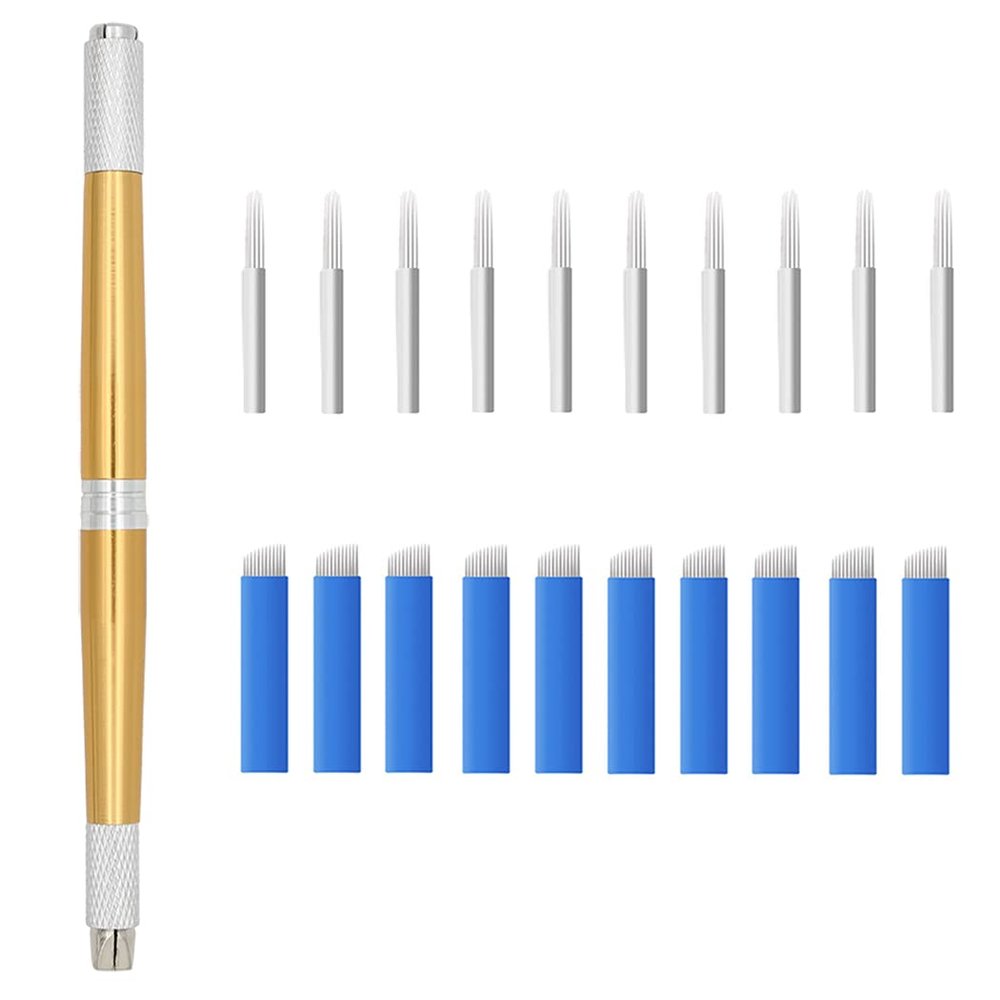XIAOYU 3 in 1 Microblading Pen with Needles Permanent Makeup Pen for Manual Eyebrow Tattoo, Gold