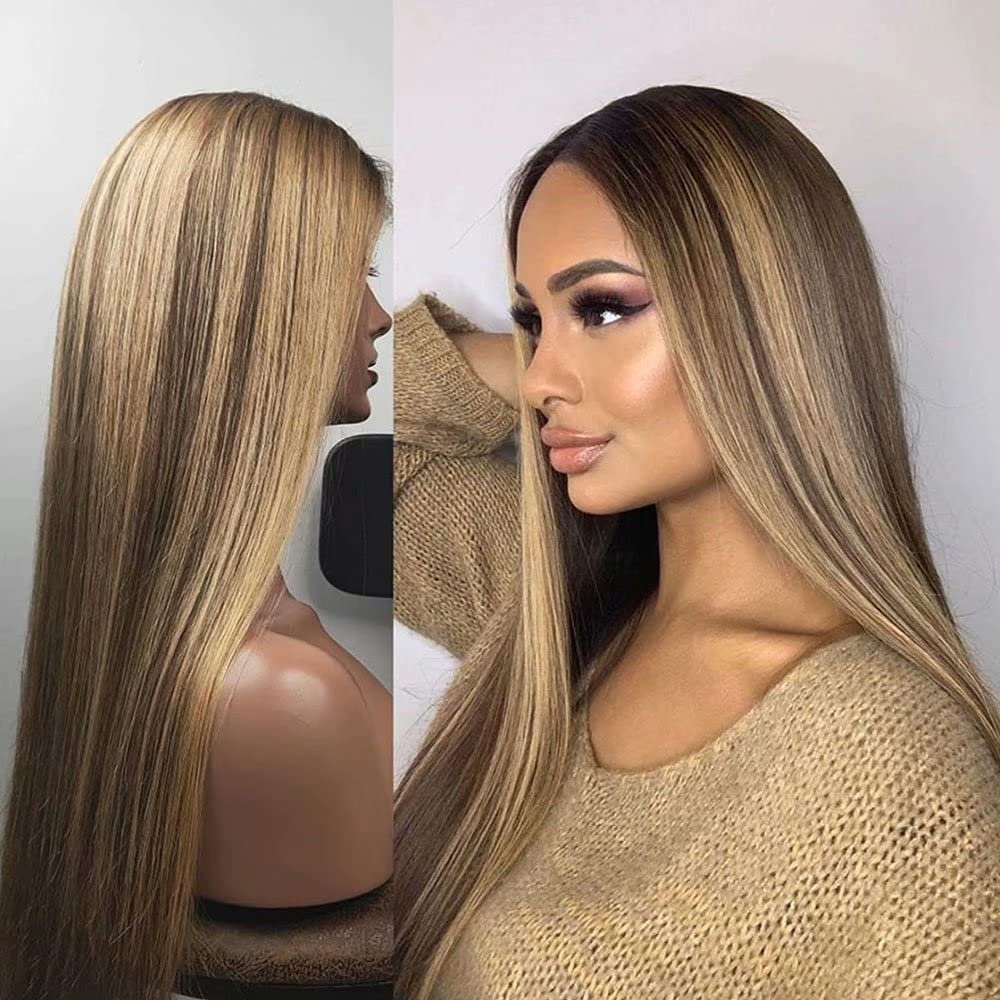 13X6 Highlight Straight 2/27 Colored Lace Front Wigs Human Hair HD Brazilian Lace Front Human Hair Wigs Pre Plucked With Baby Hair For Women 150% Density HD Transparent Lace Blonde Wigs 16Inch