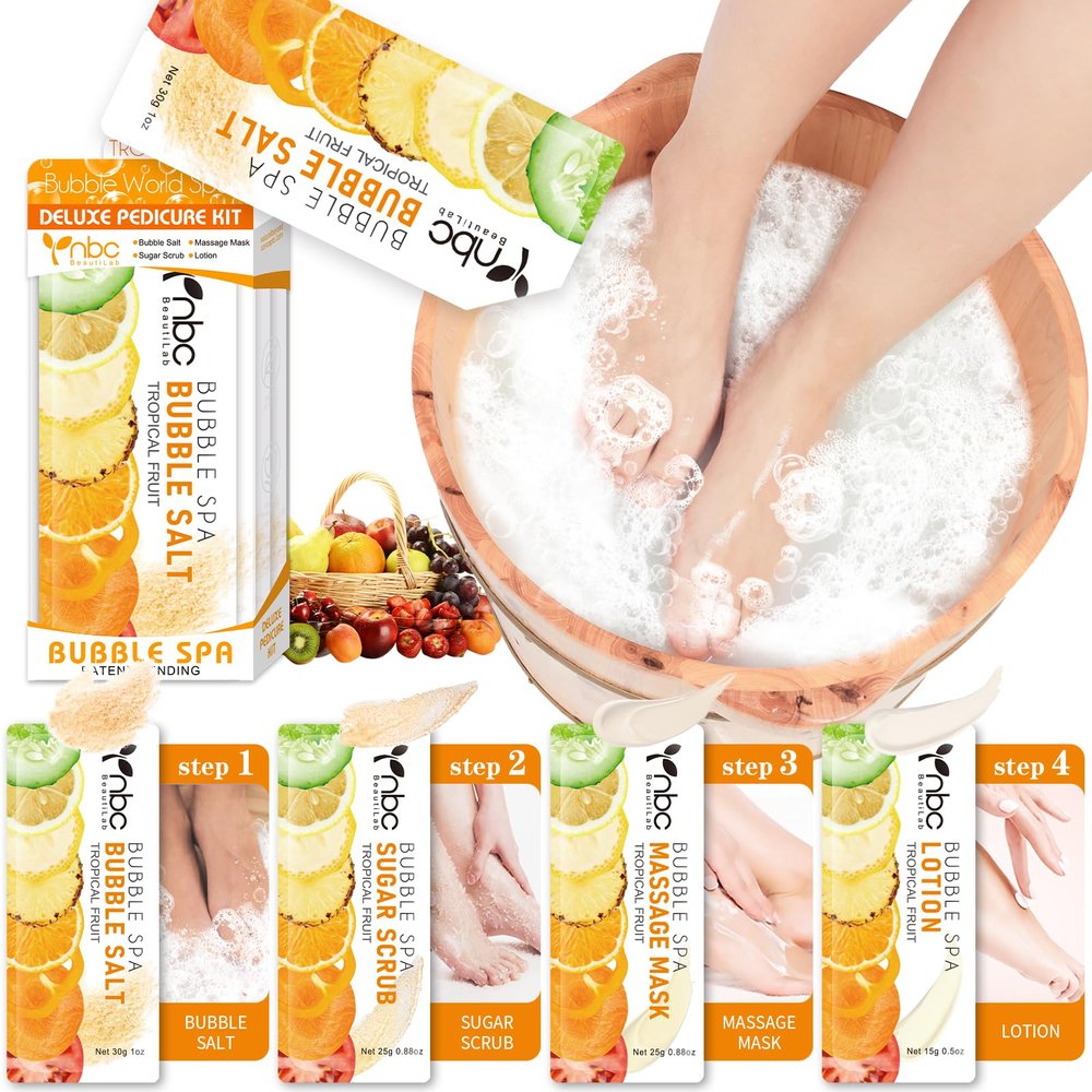 nbc BeautiLab Pedicure Kit Foot Soak Set: Bubble Salt, Sugar Scrub, Massage Mask, Massage Lotion in a Box, 4 Step Foot Spa Kit for Dry Feet, Calluses and Tired Feet(1 Set Tropical Fruit)