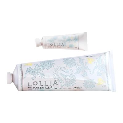LOLLIA Wish No. 22 Handcreme Bundle, .33 oz. & 4 oz. Sugared Pastille Scented Hand Cream for Women, Moisturizing Hand Lotion for Dry Hands, Shea Butter & Cocoa Butter, Quick Absorbing Lotion