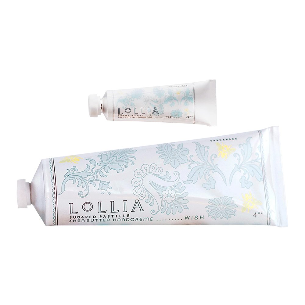 LOLLIA Wish No. 22 Handcreme Bundle, .33 oz. & 4 oz. Sugared Pastille Scented Hand Cream for Women, Moisturizing Hand Lotion for Dry Hands, Shea Butter & Cocoa Butter, Quick Absorbing Lotion